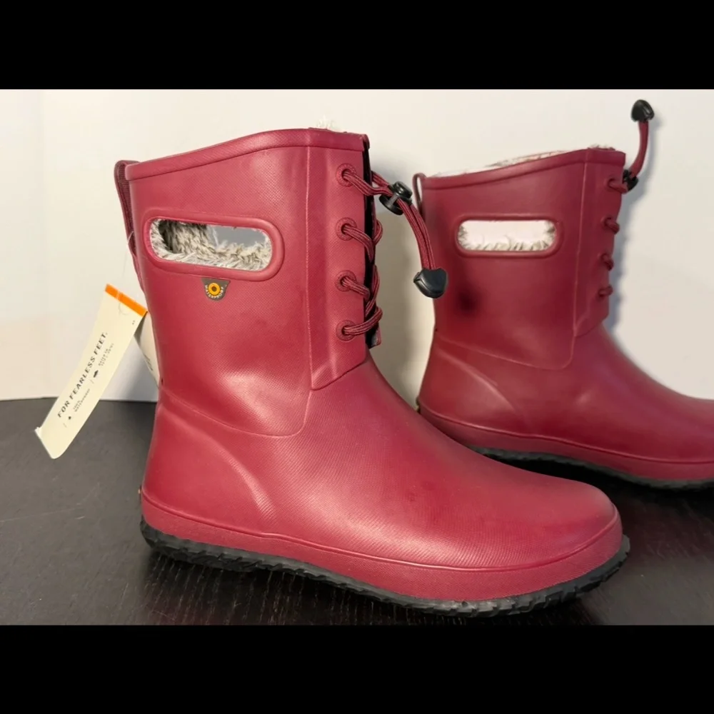 Bogs Amanda Plush II Lace Waterproof Rain Boots Cranberry Youth US 7/EU 40